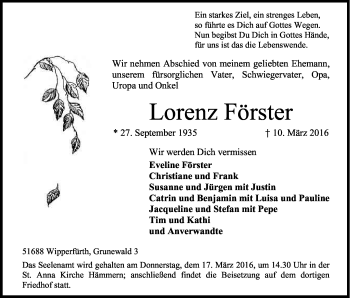 Anzeige von Lorenz Förster von Kölner Stadt-Anzeiger / Kölnische Rundschau / Express