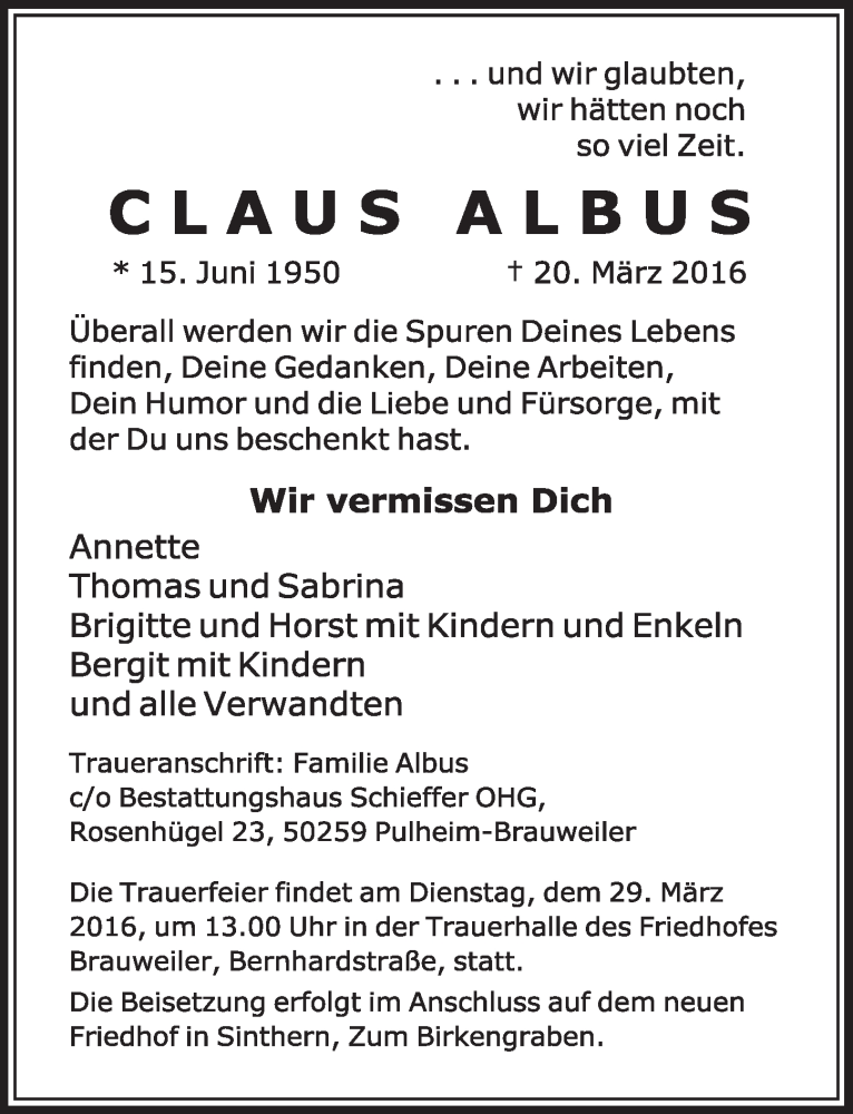  Traueranzeige für Claus Albus vom 26.03.2016 aus  Sonntags-Post 