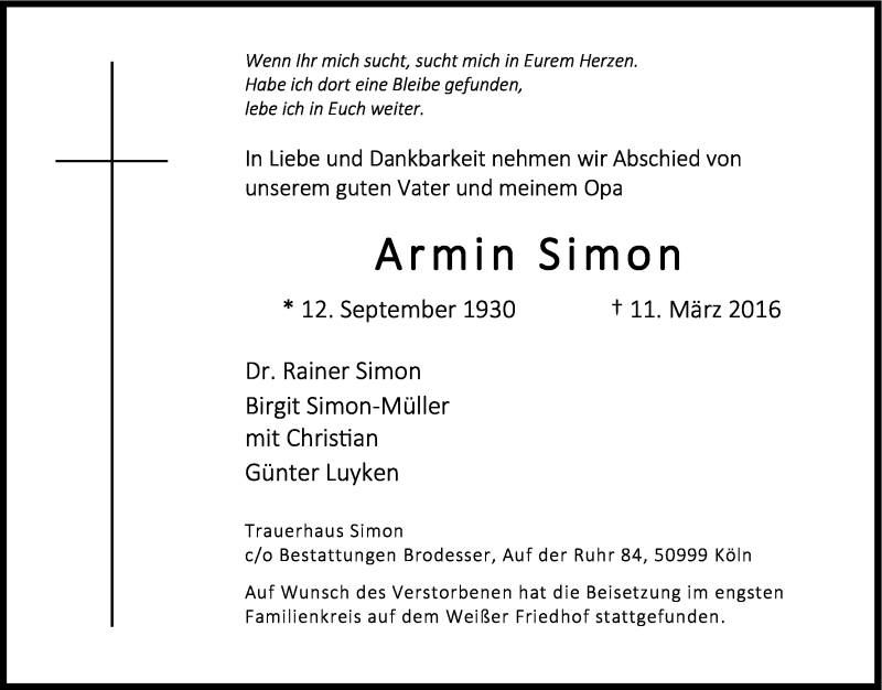  Traueranzeige für Armin Simon vom 23.03.2016 aus Kölner Stadt-Anzeiger / Kölnische Rundschau / Express