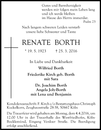 Anzeige von Renate Borth von Kölner Stadt-Anzeiger / Kölnische Rundschau / Express