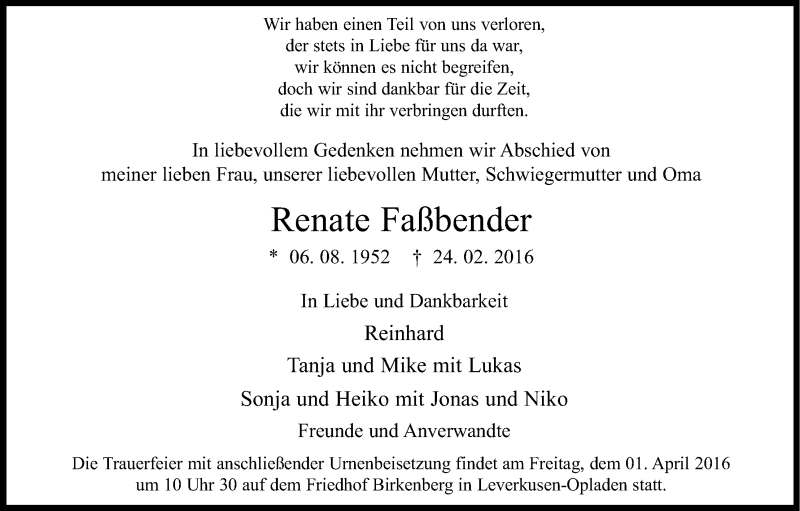  Traueranzeige für Renate Faßbender vom 30.03.2016 aus Kölner Stadt-Anzeiger / Kölnische Rundschau / Express