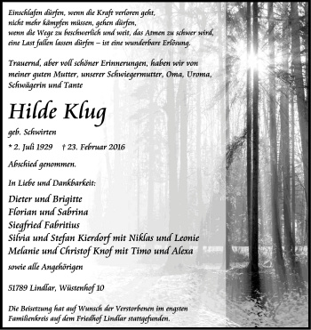 Anzeige von Hilde Klug von Kölner Stadt-Anzeiger / Kölnische Rundschau / Express