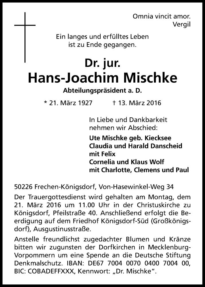  Traueranzeige für Hans-Joachim Mischke vom 19.03.2016 aus Kölner Stadt-Anzeiger / Kölnische Rundschau / Express