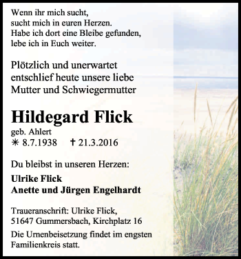 Anzeige von Hildegard Flick von Kölner Stadt-Anzeiger / Kölnische Rundschau / Express