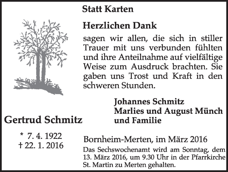  Traueranzeige für Gertrud Schmitz vom 02.03.2016 aus  Schlossbote/Werbekurier 