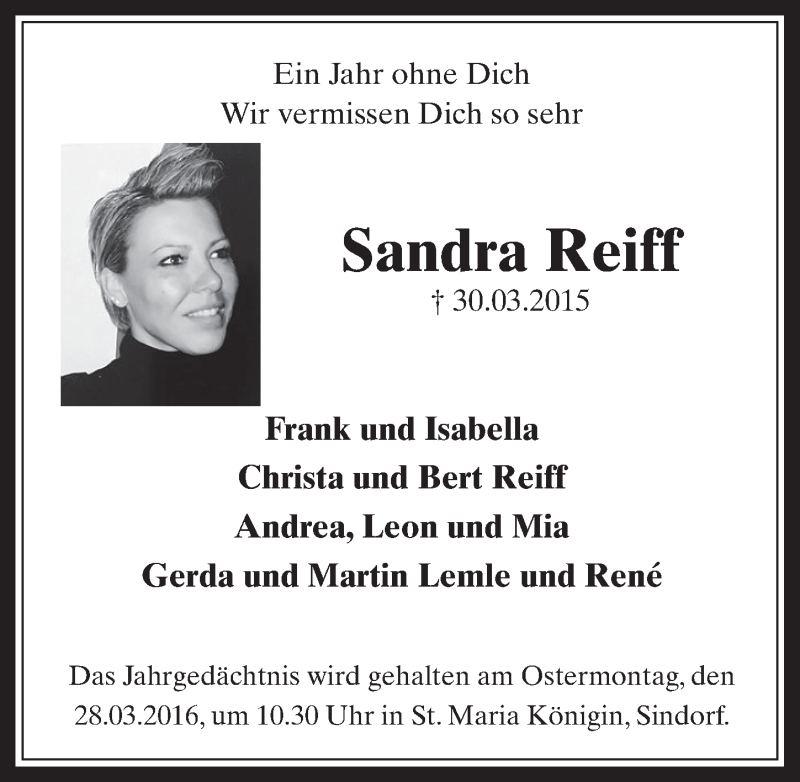  Traueranzeige für Sandra Reiff vom 19.03.2016 aus  Sonntags-Post 