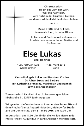 Anzeige von Else Lukas von Kölner Stadt-Anzeiger / Kölnische Rundschau / Express