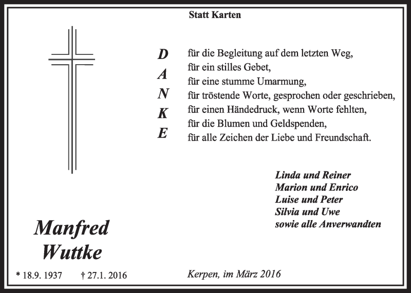  Traueranzeige für Manfred Wuttke vom 05.03.2016 aus  Sonntags-Post 