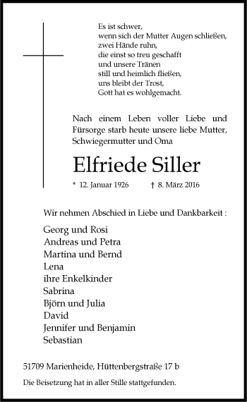 Anzeige von Elfriede Siller von  Anzeigen Echo 