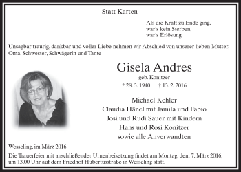 Anzeige von Gisela Andres von  Schlossbote/Werbekurier 
