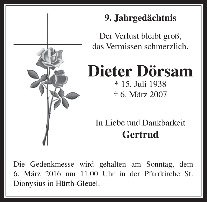  Traueranzeige für Dieter Dörsam vom 02.03.2016 aus  Wochenende 