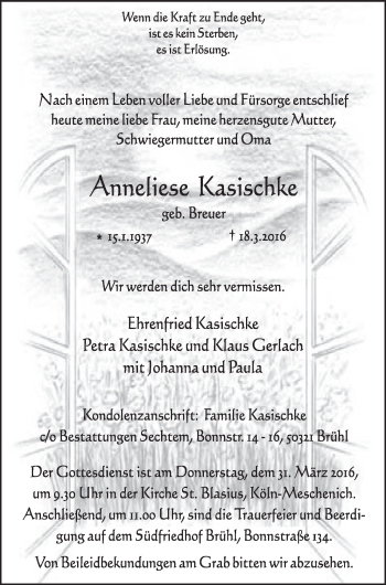 Anzeige von Anneliese Kasischke von  Schlossbote/Werbekurier 