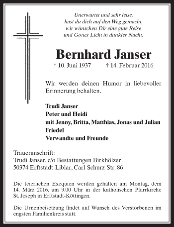 Anzeige von Benrhard Janser von  Sonntags-Post 