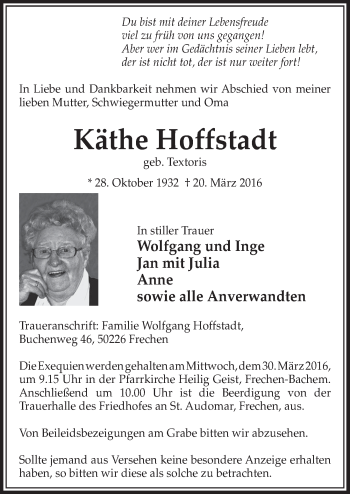 Anzeige von Käthe Hoffstadt von  Sonntags-Post 