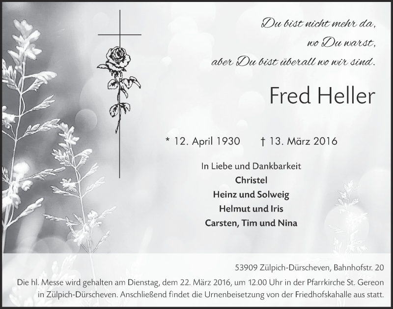  Traueranzeige für Fred Heller vom 20.03.2016 aus  Blickpunkt Euskirchen 