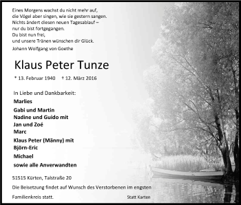 Anzeige von Klaus Peter Tunze von Kölner Stadt-Anzeiger / Kölnische Rundschau / Express