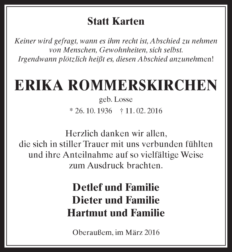  Traueranzeige für Erika Rommerskirchen vom 16.03.2016 aus  Werbepost 