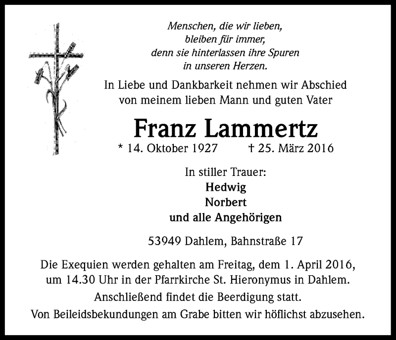  Traueranzeige für Franz Lammertz vom 30.03.2016 aus Kölner Stadt-Anzeiger / Kölnische Rundschau / Express