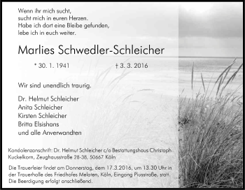 Anzeige von Marlies Schwedler-Schleicher von Kölner Stadt-Anzeiger / Kölnische Rundschau / Express