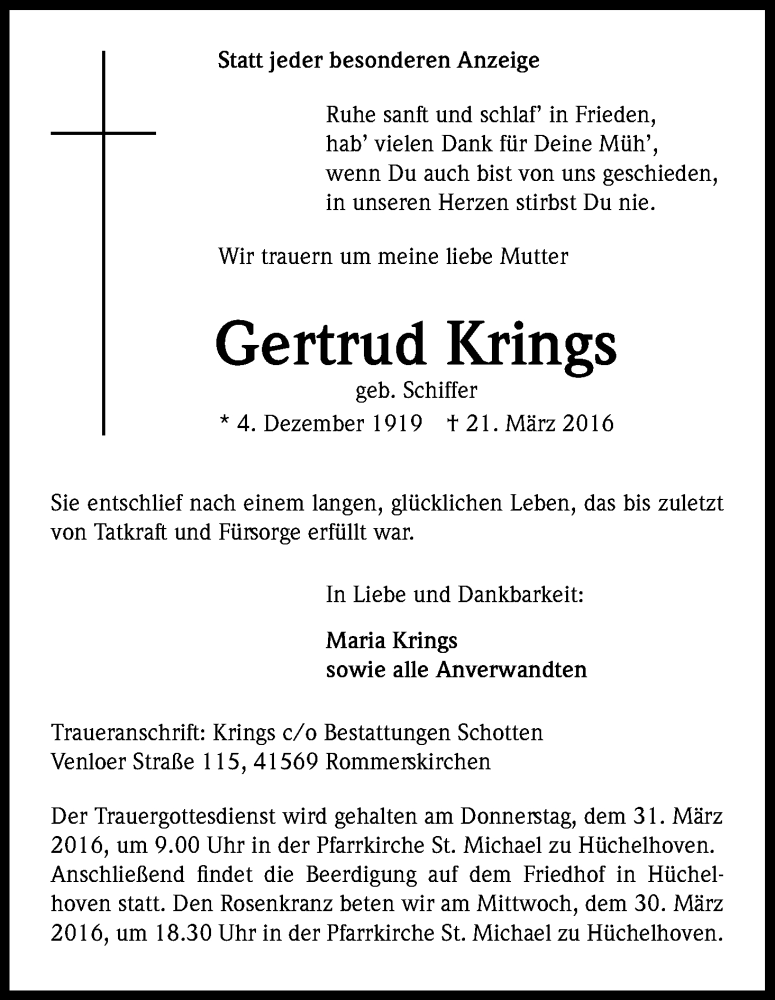  Traueranzeige für Gertrud Krings vom 26.03.2016 aus Kölner Stadt-Anzeiger / Kölnische Rundschau / Express