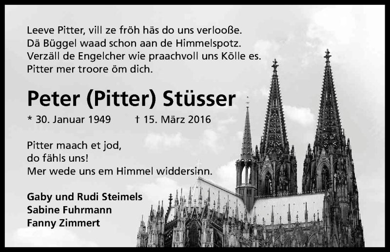  Traueranzeige für Peter  Stüsser vom 19.03.2016 aus Kölner Stadt-Anzeiger / Kölnische Rundschau / Express