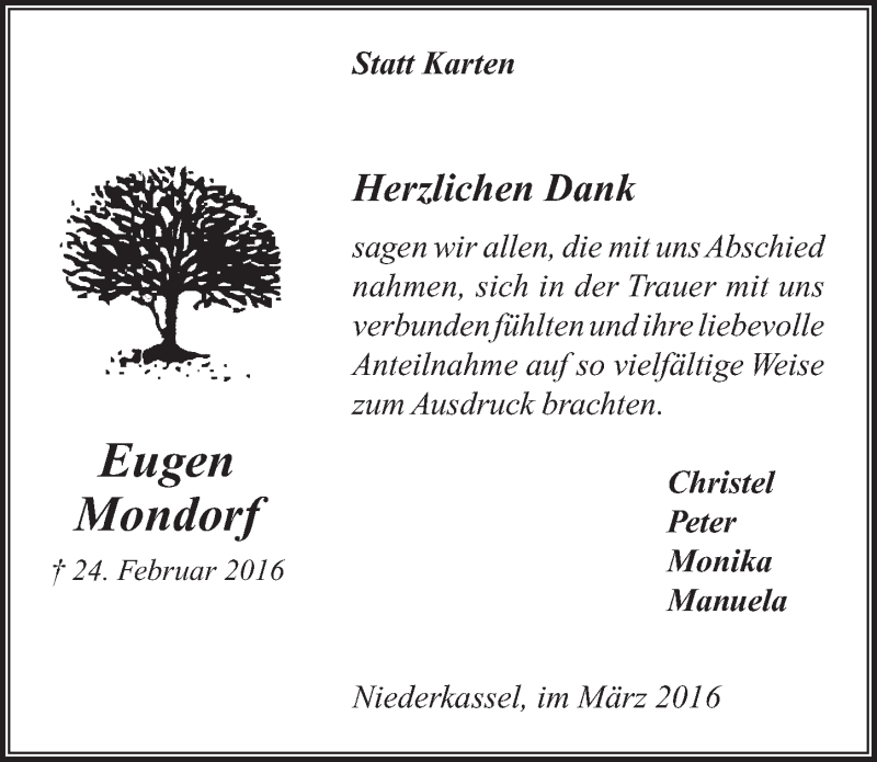 Traueranzeige für Eugen Mondorf vom 23.03.2016 aus  Kölner Wochenspiegel  Extra Blatt 