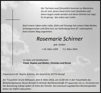 Anzeige von Rosemarie Schirner von Kölner Stadt-Anzeiger / Kölnische Rundschau / Express
