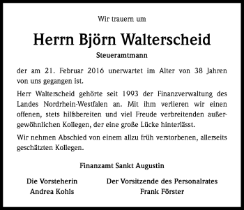 Anzeige von Björn Walterscheid von Kölner Stadt-Anzeiger / Kölnische Rundschau / Express