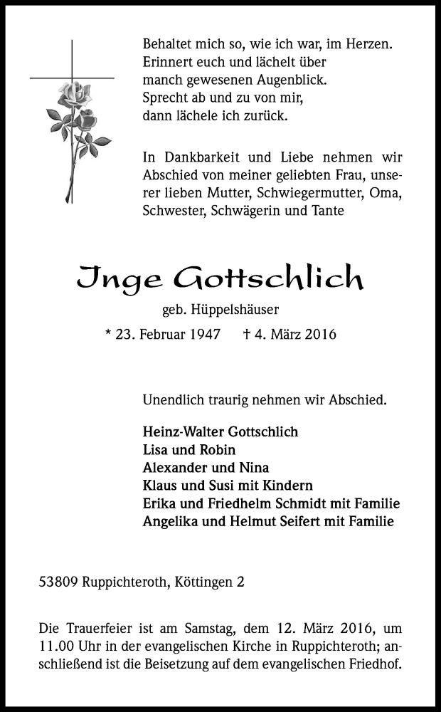  Traueranzeige für Inge Gottschlich vom 09.03.2016 aus Kölner Stadt-Anzeiger / Kölnische Rundschau / Express