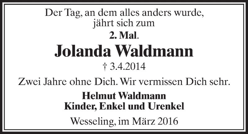  Traueranzeige für Jolanda Waldmann vom 30.03.2016 aus  Schlossbote/Werbekurier 