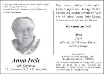 Anzeige von Anna Ivcic von  Kölner Wochenspiegel 