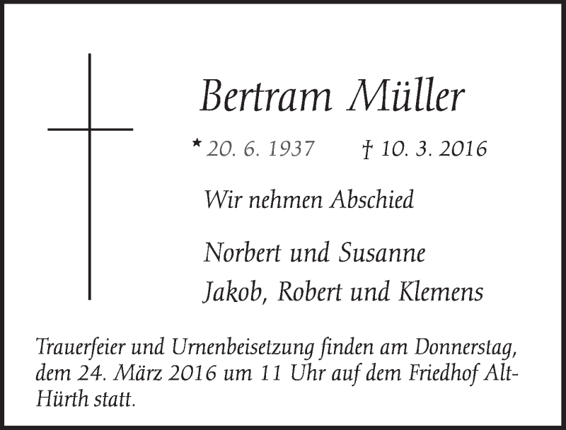  Traueranzeige für Bertram Müller vom 16.03.2016 aus  Wochenende 