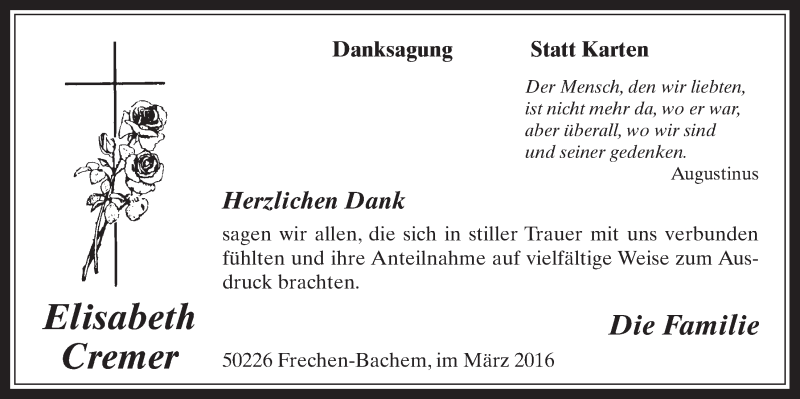  Traueranzeige für Elisabeth Cremer vom 23.03.2016 aus  Wochenende 