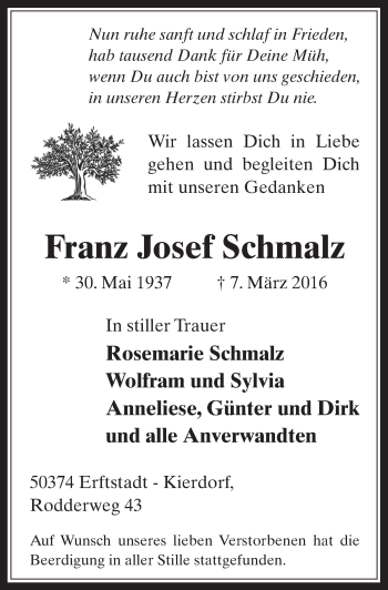 Anzeige von Franz Josef Schmalz von  Werbepost 