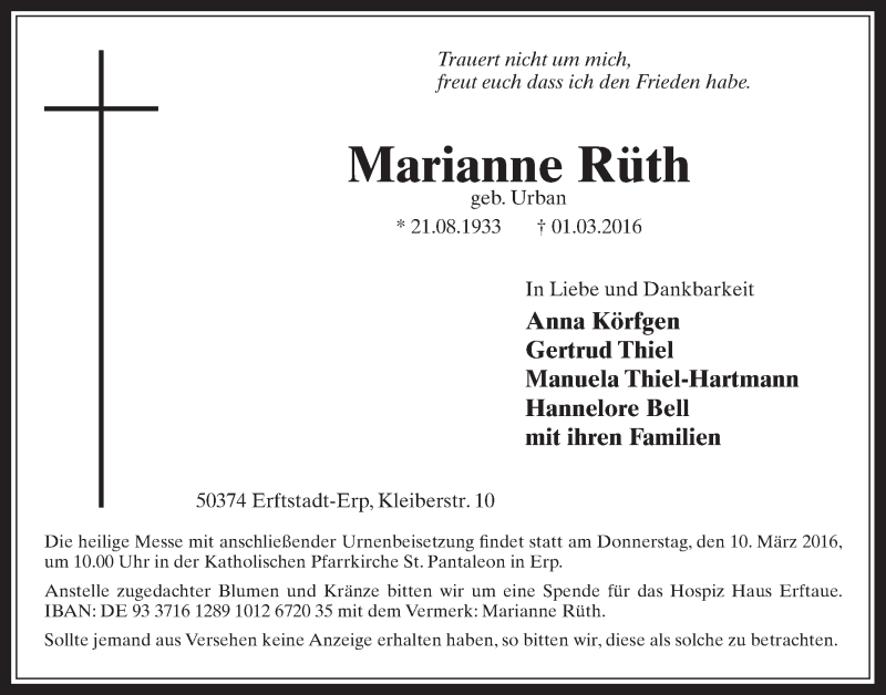  Traueranzeige für Marianne Rüth vom 05.03.2016 aus  Sonntags-Post 