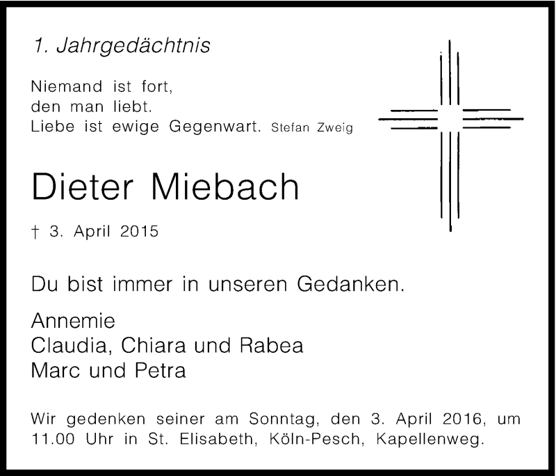  Traueranzeige für Dieter Miebach vom 26.03.2016 aus Kölner Stadt-Anzeiger / Kölnische Rundschau / Express