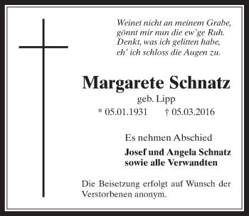 Anzeige von Margarete Schnatz von  Werbepost 