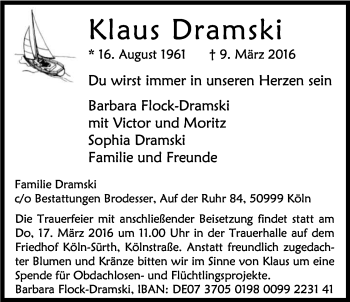 Anzeige von Klaus Dramski von Kölner Stadt-Anzeiger / Kölnische Rundschau / Express