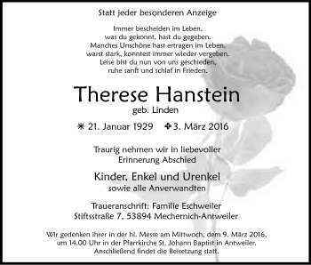 Anzeige von Therese Hanstein von Kölner Stadt-Anzeiger / Kölnische Rundschau / Express