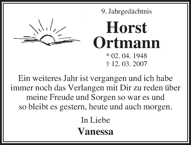  Traueranzeige für Horst Ortmann vom 09.03.2016 aus  Lokalanzeiger 