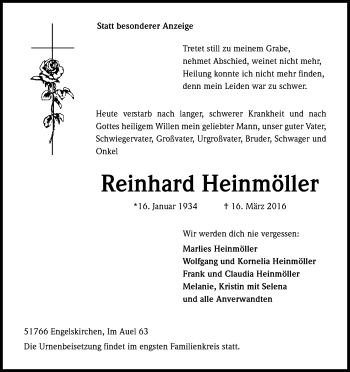 Anzeige von Reinhard Heinmöller von Kölner Stadt-Anzeiger / Kölnische Rundschau / Express