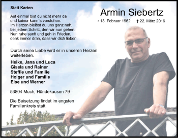 Anzeige von Armin Siebertz von Kölner Stadt-Anzeiger / Kölnische Rundschau / Express