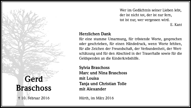  Traueranzeige für Gerd Braschoss vom 24.03.2016 aus Kölner Stadt-Anzeiger / Kölnische Rundschau / Express