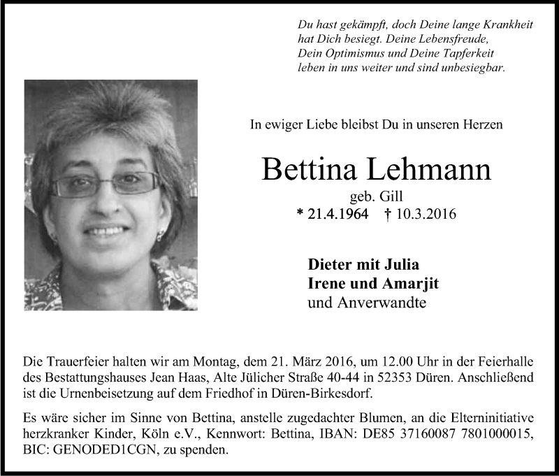  Traueranzeige für Bettina Lehmann vom 16.03.2016 aus Kölner Stadt-Anzeiger / Kölnische Rundschau / Express