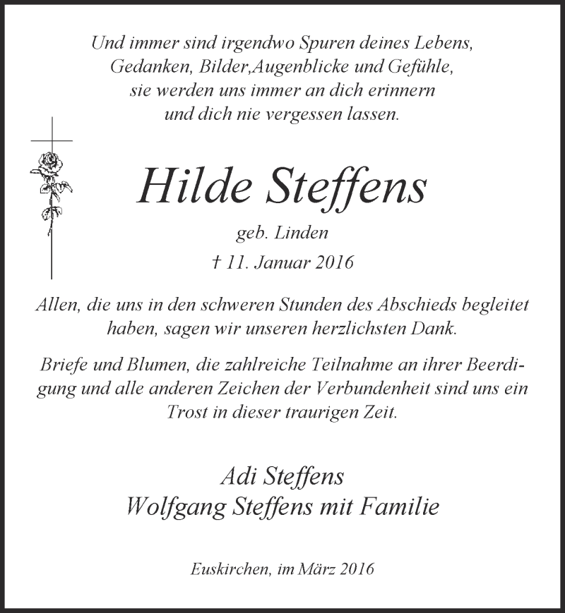  Traueranzeige für Hilde Steffens vom 06.03.2016 aus  Blickpunkt Euskirchen 