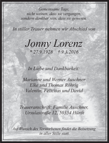 Anzeige von Jonny Lorenz von  Wochenende 