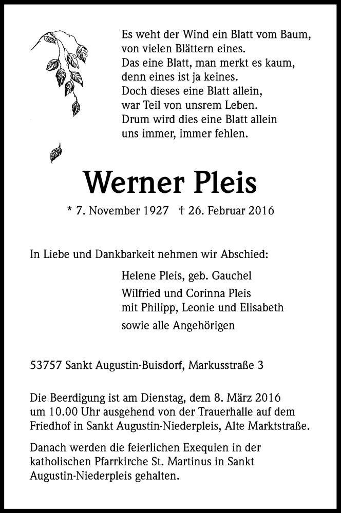  Traueranzeige für Werner Pleis vom 04.03.2016 aus Kölner Stadt-Anzeiger / Kölnische Rundschau / Express