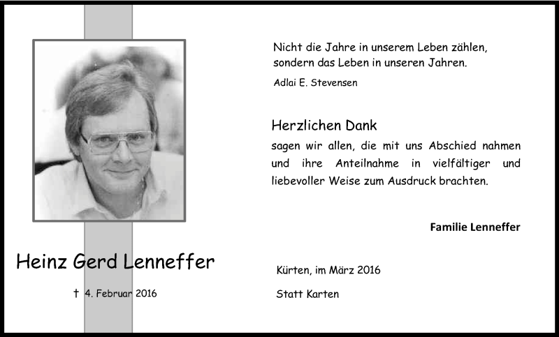  Traueranzeige für Heinz Gerd Lenneffer vom 26.03.2016 aus Kölner Stadt-Anzeiger / Kölnische Rundschau / Express