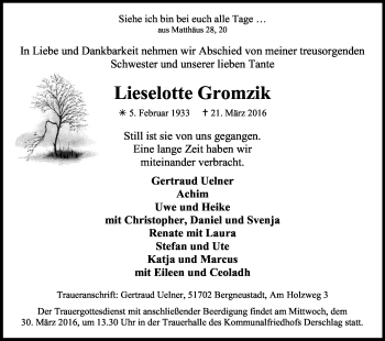 Anzeige von Lieselotte Gromzik von Kölner Stadt-Anzeiger / Kölnische Rundschau / Express