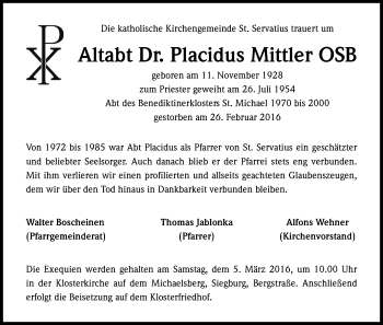 Anzeige von Placidus Mittler von Kölner Stadt-Anzeiger / Kölnische Rundschau / Express